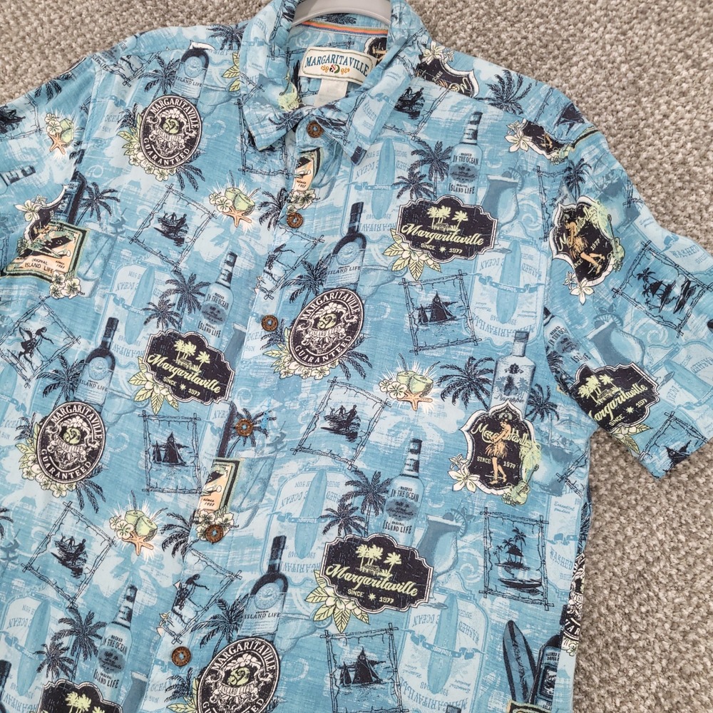 Margaritaville Mens Short Sleeve Button Down Tropical Island Print Shirt Blue M‎